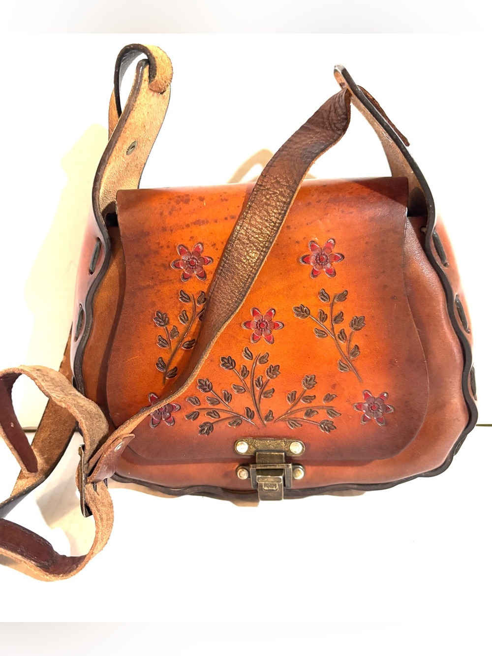Leather Floral Embossed Crossbody Bag - Brown